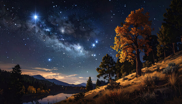 Night sky over lake and autumn trees