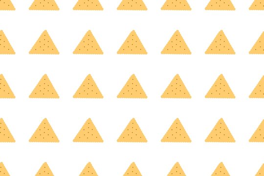 Yellow Triangle Biscuit Seamless Pattern. Repeating Golden Cookie Shapes on White Background. Geometric Snack Pattern with Dotted Texture