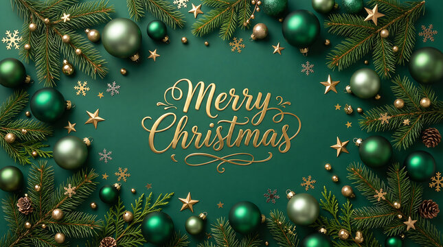 Festive christmas background with ornaments pine branches and golden calligraphy