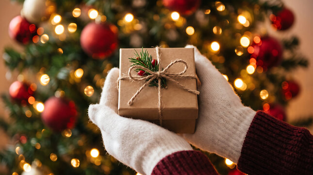 Hands holding a small gift wrapped in brown paper in front of a christmas tree