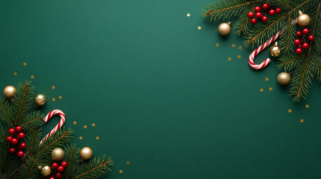 Festive christmas background with evergreen branches ornaments and candy canes on dark teal