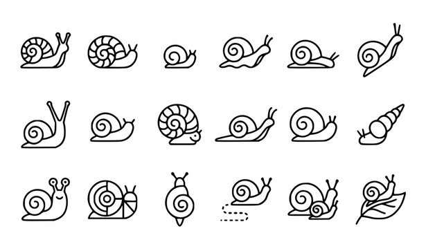 Minimalist Snail Outline Icons with Spiral Shells Editable Vector Set