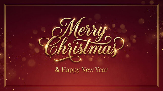 Elegant golden calligraphy of merry christmas and happy new year on a deep red background