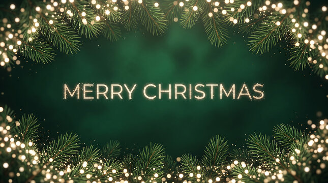 Festive merry christmas message with sparkling lights and lush evergreen branches