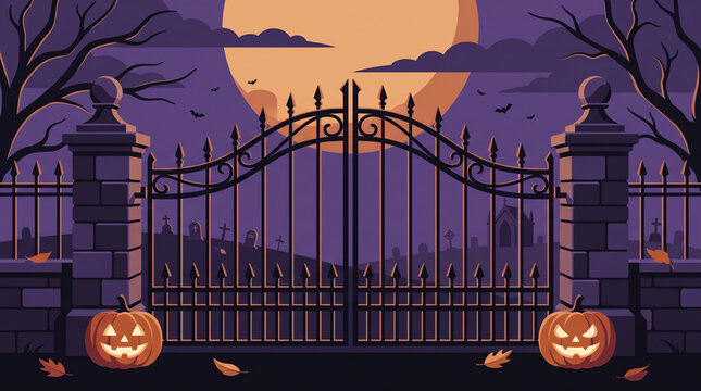 Spooky pixel art cemetery entrance with glowing jack o lanterns under a large full moon at night