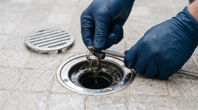 Plumber clearing blocked bathroom shower drain with snake tool