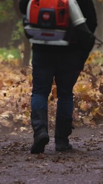 Worker with a backpack petrol leaf blower removing fallen autumn leaves on a park path, seasonal cleaning of yellow and brown foliage with garden power tools, municipal park maintenance in autumn