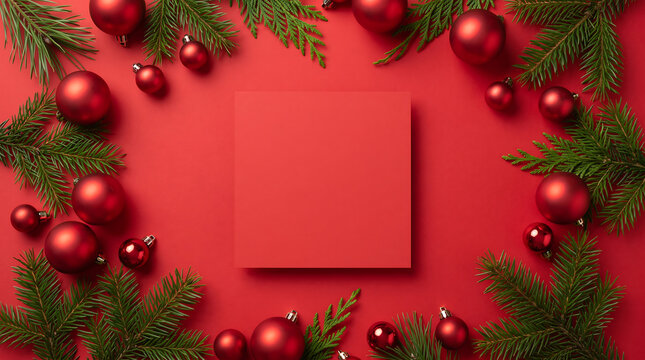 Festive christmas background with red ornaments and evergreen branches around a blank card