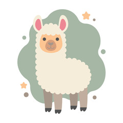 Fototapeta premium Cute fluffy white llama character illustration with stars on green background for nursery decor