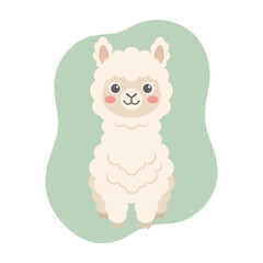 Fototapeta premium Cute fluffy white alpaca illustration on a light green background in kawaii cartoon style