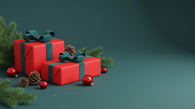 Festive christmas gifts with red ornaments and pine branches on a teal background