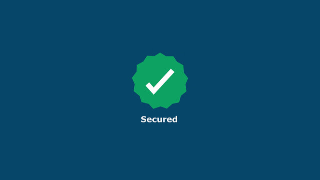 A green circular badge with a white checkmark icon and the word secured written in white text below it, set against a solid dark blue background, for digital interface