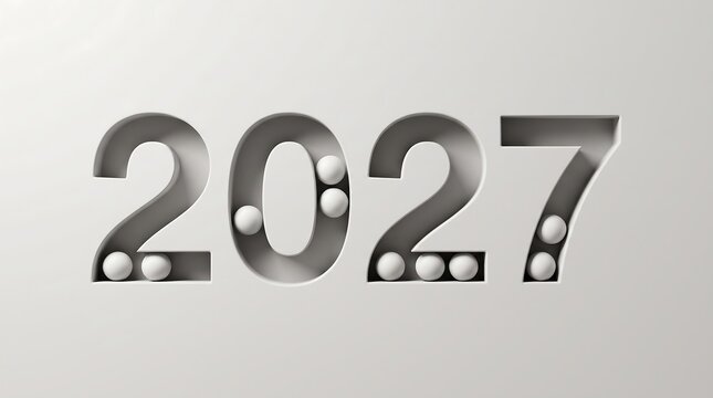 Silver metallic numbers two zero two seven with circular cutouts on a light gray background