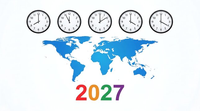 World map with clocks showing different time zones and the year 2027 in a colorful design