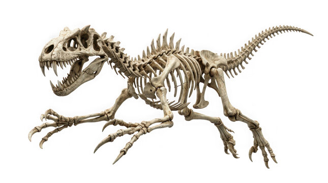Full skeleton of a predatory dinosaur in a dynamic running pose, detailed fossilized bone texture, isolated on transparent background