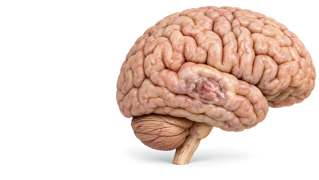 Brain tumor with subtle inflammation and swelling in photorealistic brain anatomy illustration on a white clinical background with copy space for patient education and healthcare communication