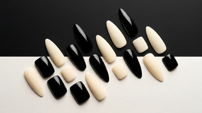 Set of black and white artificial press on nails with various shapes for professional beauty design. dip powder nails