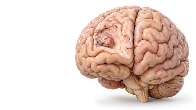 Brain tumor with subtle inflammation and swelling in photorealistic brain anatomy illustration on a white clinical background with copy space for patient education and healthcare communication