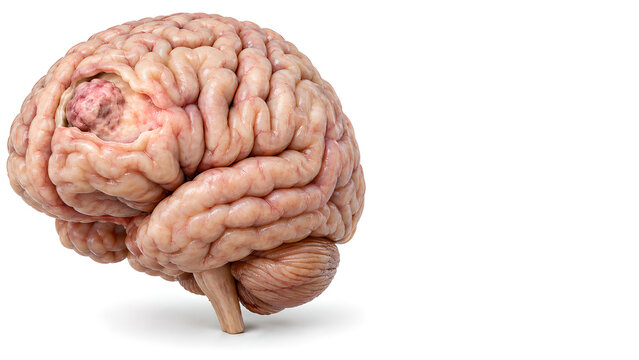 Brain tumor with subtle inflammation and swelling in photorealistic brain anatomy illustration on a white clinical background with copy space for patient education and healthcare communication
