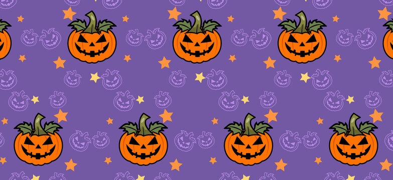 Seamless pattern with cute orange jack o lantern pumpkins on a purple background carved pumpkin trick or treat wrapping paper