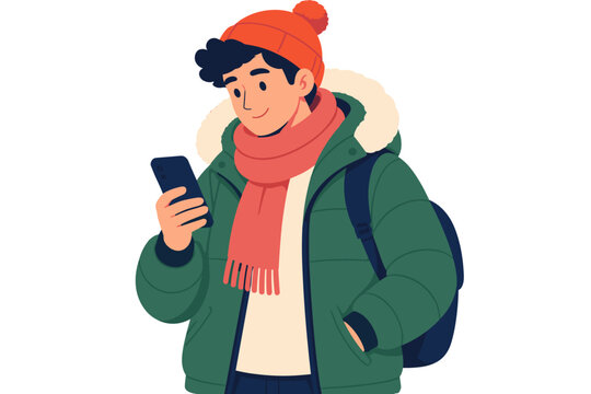 Person checking a smartphone in a winter coat and backpack