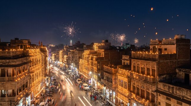 High angle panoramic view of Jaipur city decorated with lights during Diwali festival celebration with fireworks in the night sky