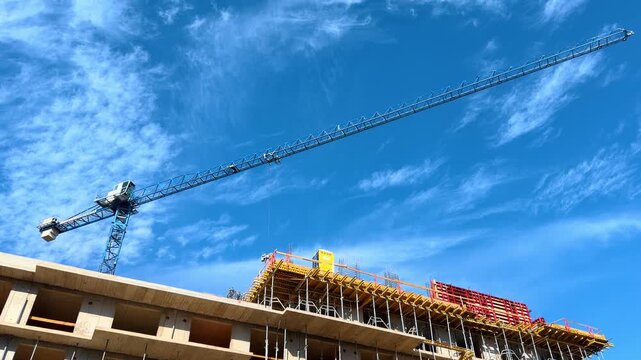 Construction crane against blue sky with clouds. A large construction crane stands tall against a bright blue sky filled with wispy white clouds.