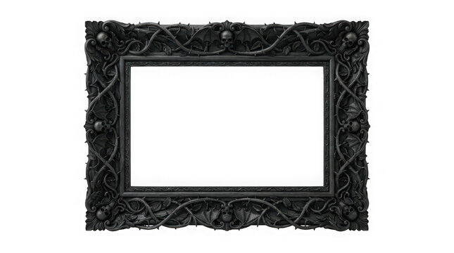Ornate gothic picture frame featuring intricate skull and bat carvings, dark vintage aesthetic, isolated on transparent background