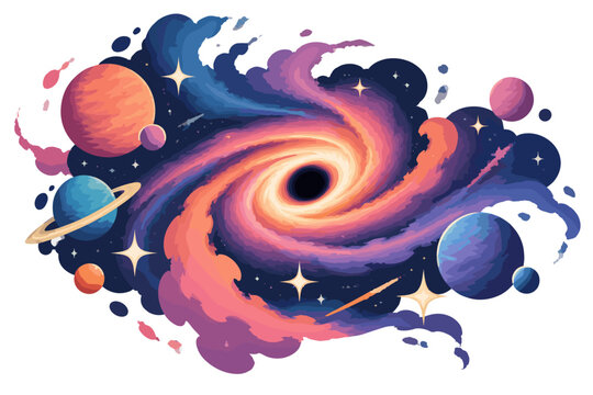 Colorful black hole with swirling light and planets