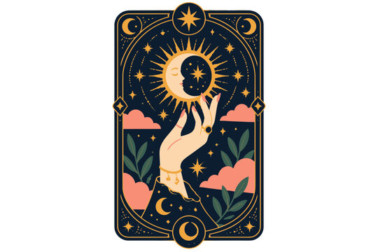 Hand reaching toward a crescent moon on an ornate celestial card