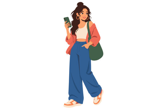 Woman holding a smartphone in coral outerwear and blue trousers