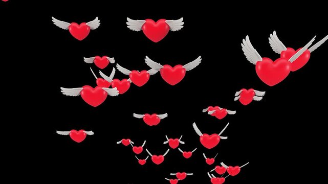Red winged hearts flying forward towards the camera in 3d animation
