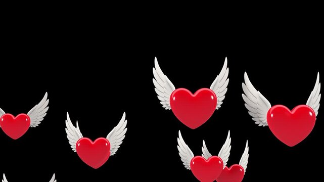 Red winged hearts flying upwards from bottom to top in 3d animation