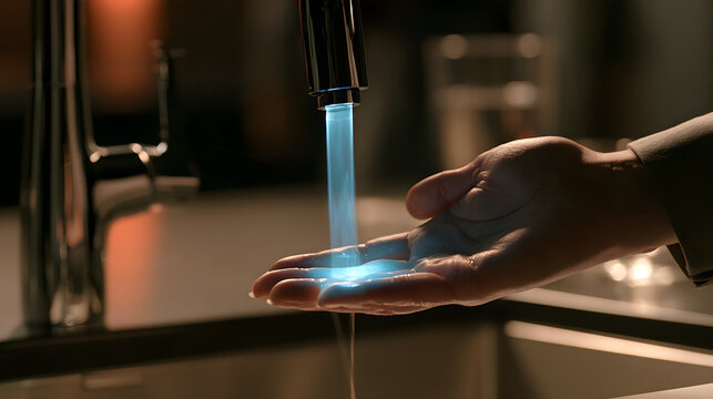 Smart Kitchen Faucet Sensor Glowing Softly Activating A Touchless Pour