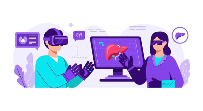 Medical professionals using VR technology to study digital liver model for surgery planning.