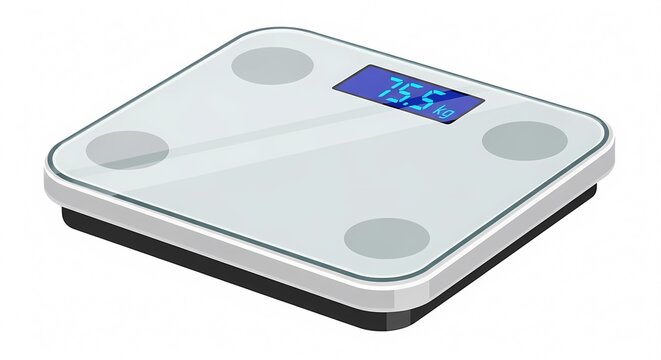 Modern digital weight scale with a blue LED display showing 75.5 kg, isolated on a white background, perfect for health and fitness concepts.