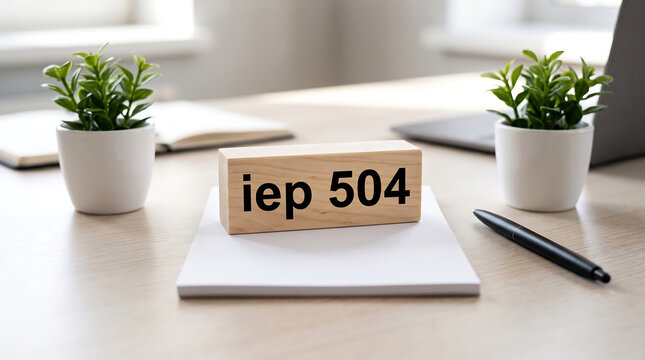 Wooden sign displaying iep 504 on office desk with plants and tablet