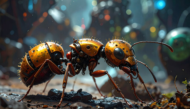 Robotic ant with metallic gold exoskeleton in macro view