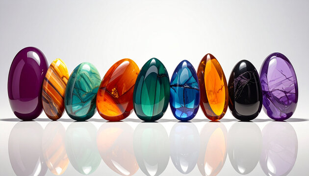 Assortment of polished gemstone eggs with reflections