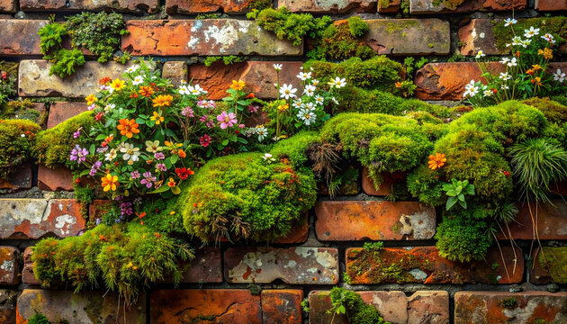 Close-up of colorful flowers growing on mossy brick wall