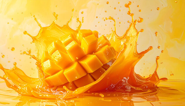 Mango cubes splashing in orange juice close up