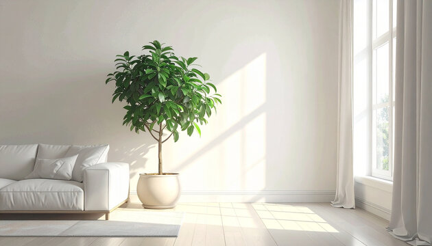 Minimalist living room with large potted plant and sofa