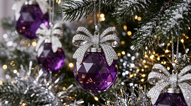 Close-up of colorful christmas tree decorations with lights and ornaments