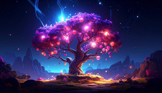 Mystical glowing tree with luminous fruits at night