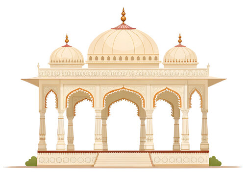  Royal Indian palace pavilion with three graceful arches, ornate carved columns, small central dome and decorative finial, Mughal-Rajput architectural fusion, premium flat vector style