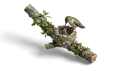 Fototapeta premium Female hummingbird with muted green feathers tends to open mouthed baby bird in soft nest on mossy tree branch.