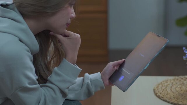 Young woman in gray hoodie at home interacting with an AI assistant on a tablet using touchscreen and voice commands in cozy living room with modern smart technology