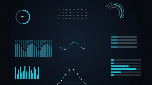 Abstract digital data dashboard with motion graphics on dark background for analytics.