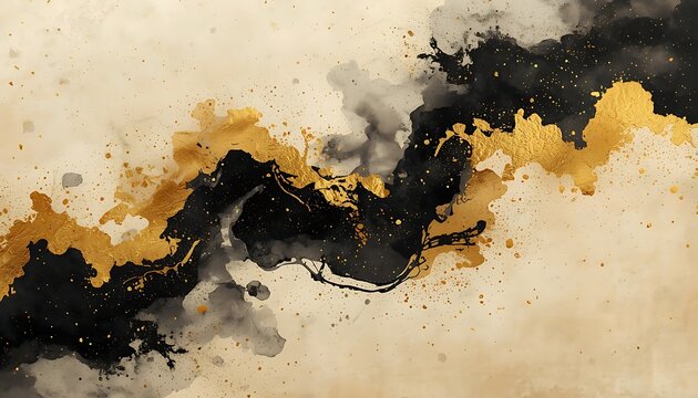 Bold black ink washes contrast with shimmering gold leaf splatters on a textured beige surface. Premium background for artistic, luxury, or fashion brand identities.