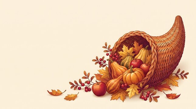 A traditional thanksgiving cornucopia overflowing with fresh autumn harvest vegetables fruits and colorful fall leaves on white background